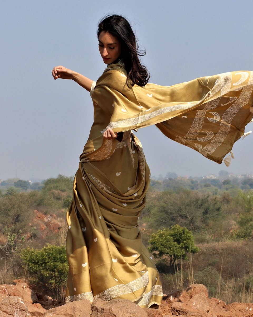 Olive Moon Blockprinted Modal Silk Saree