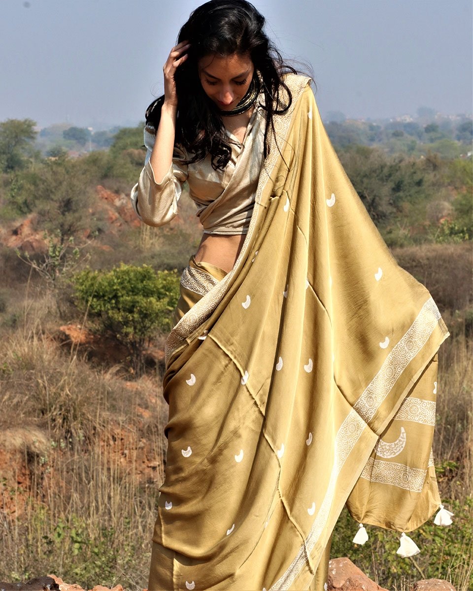 Olive Moon Blockprinted Modal Silk Saree