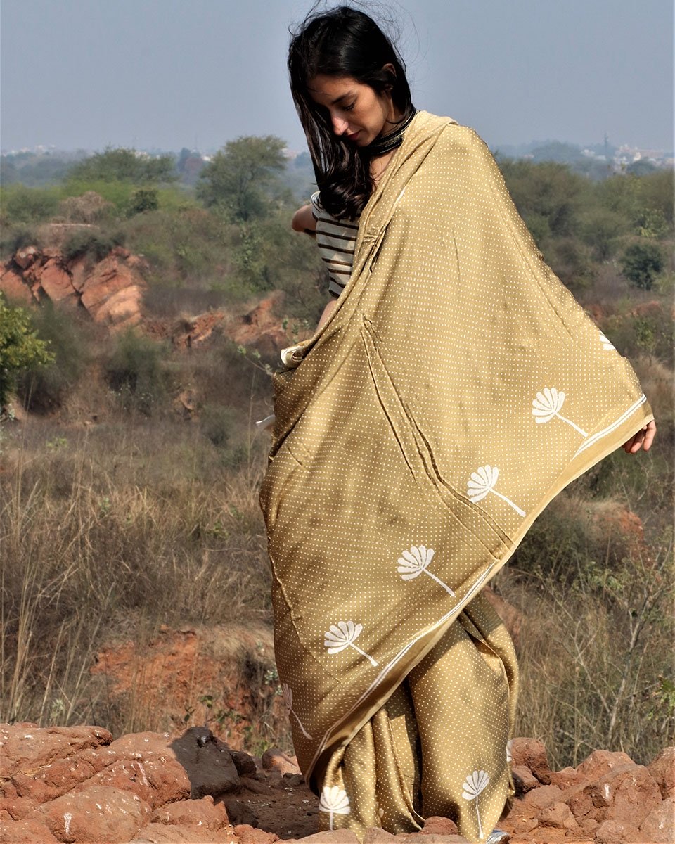 Olive Blockprinted Modal Silk Saree