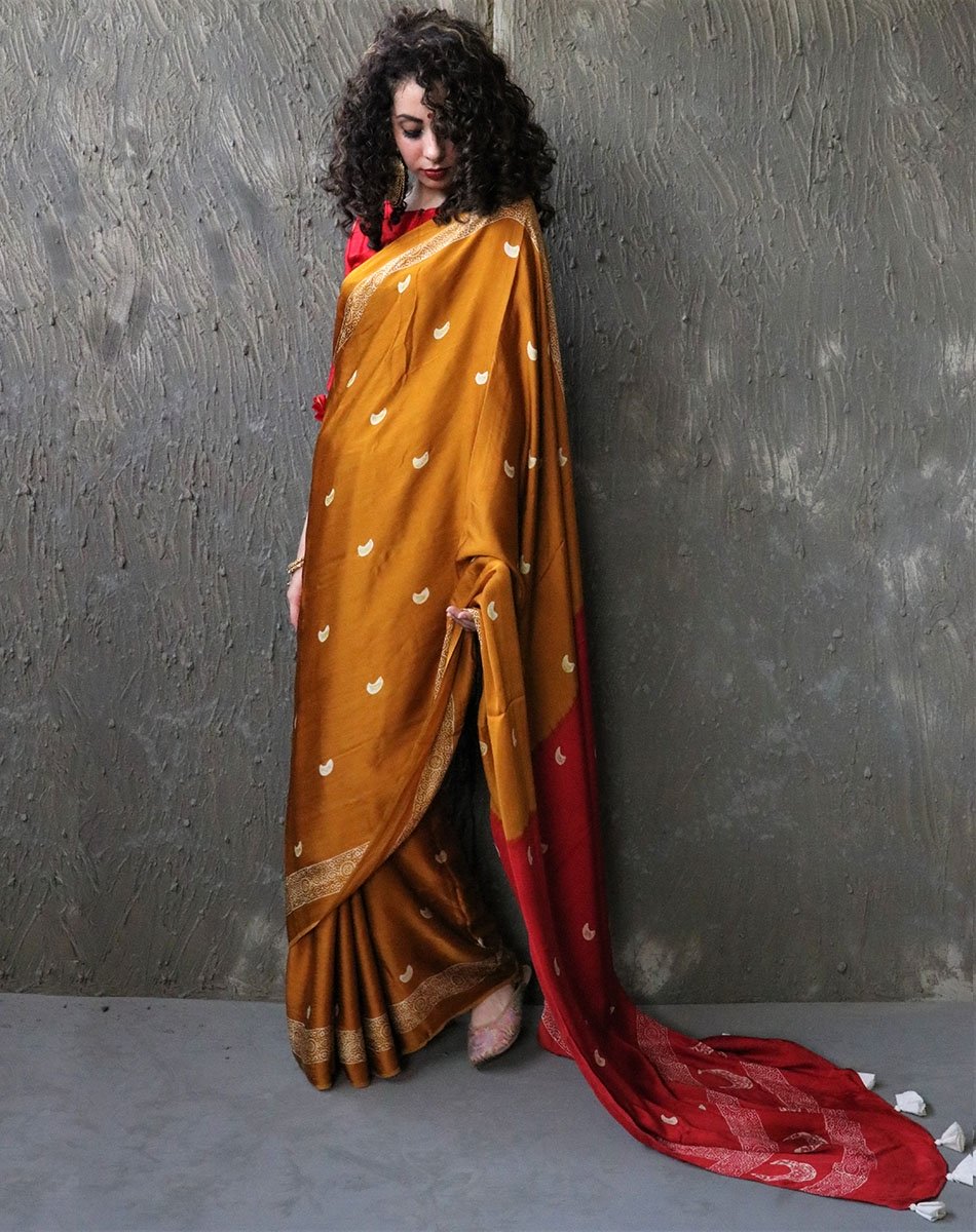 Yellow-Red Blockprinted Modal Silk Saree