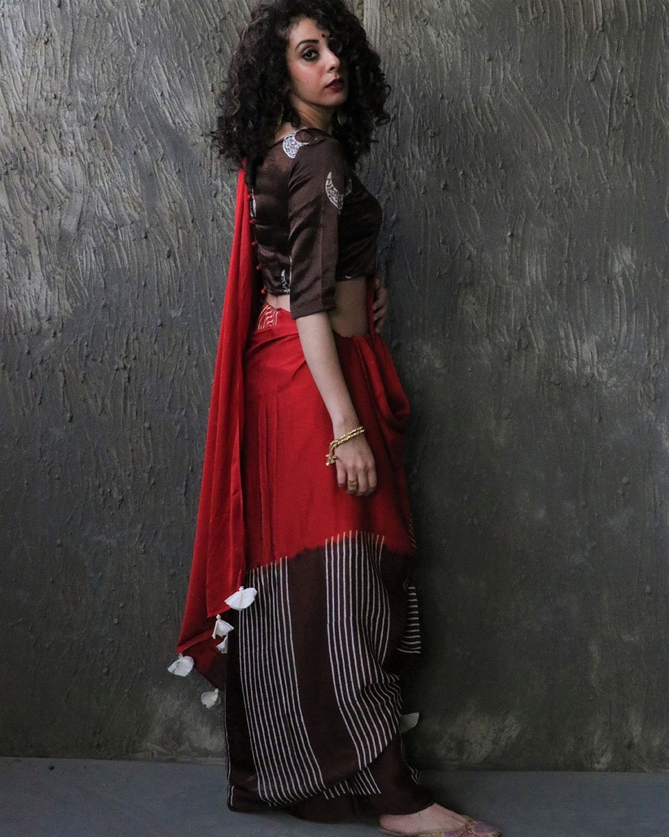 Red-Brown Blockprinted Modal Silk Saree
