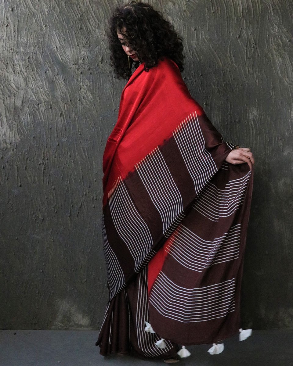 Red-Brown Blockprinted Modal Silk Saree