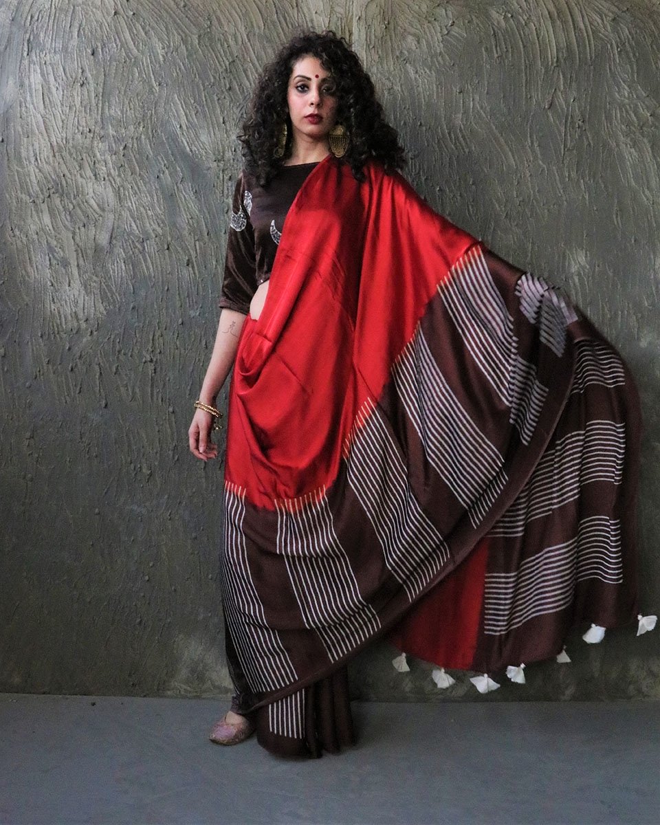 Red-Brown Blockprinted Modal Silk Saree