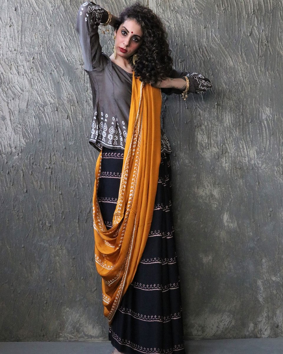 Yellow-Black Blockprinted Modal Silk Saree