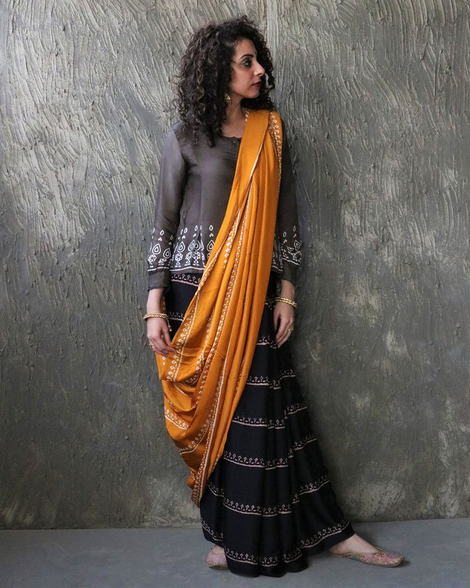 Yellow-Black Blockprinted Modal Silk Saree