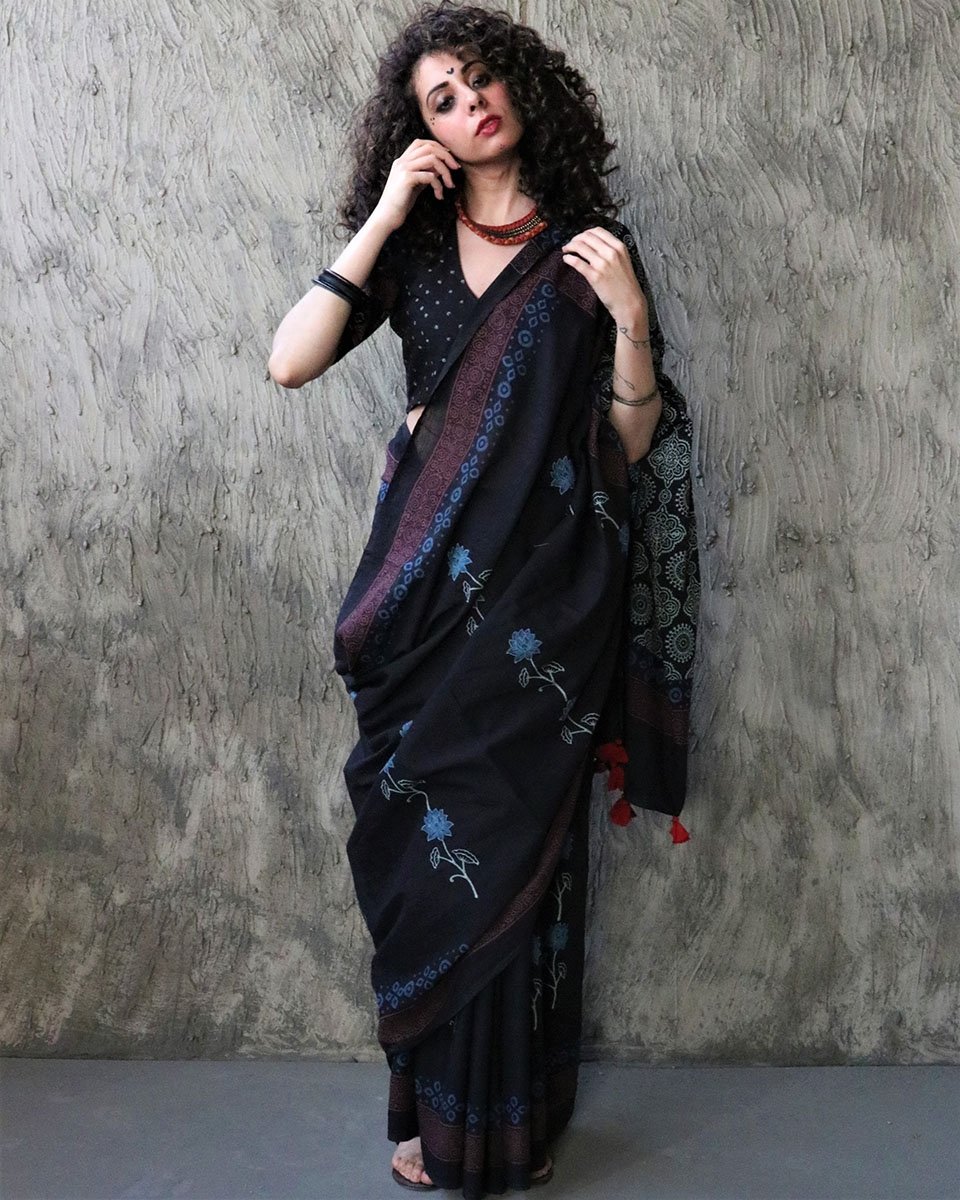 Black Pure Mul-Mul Cotton Saree
