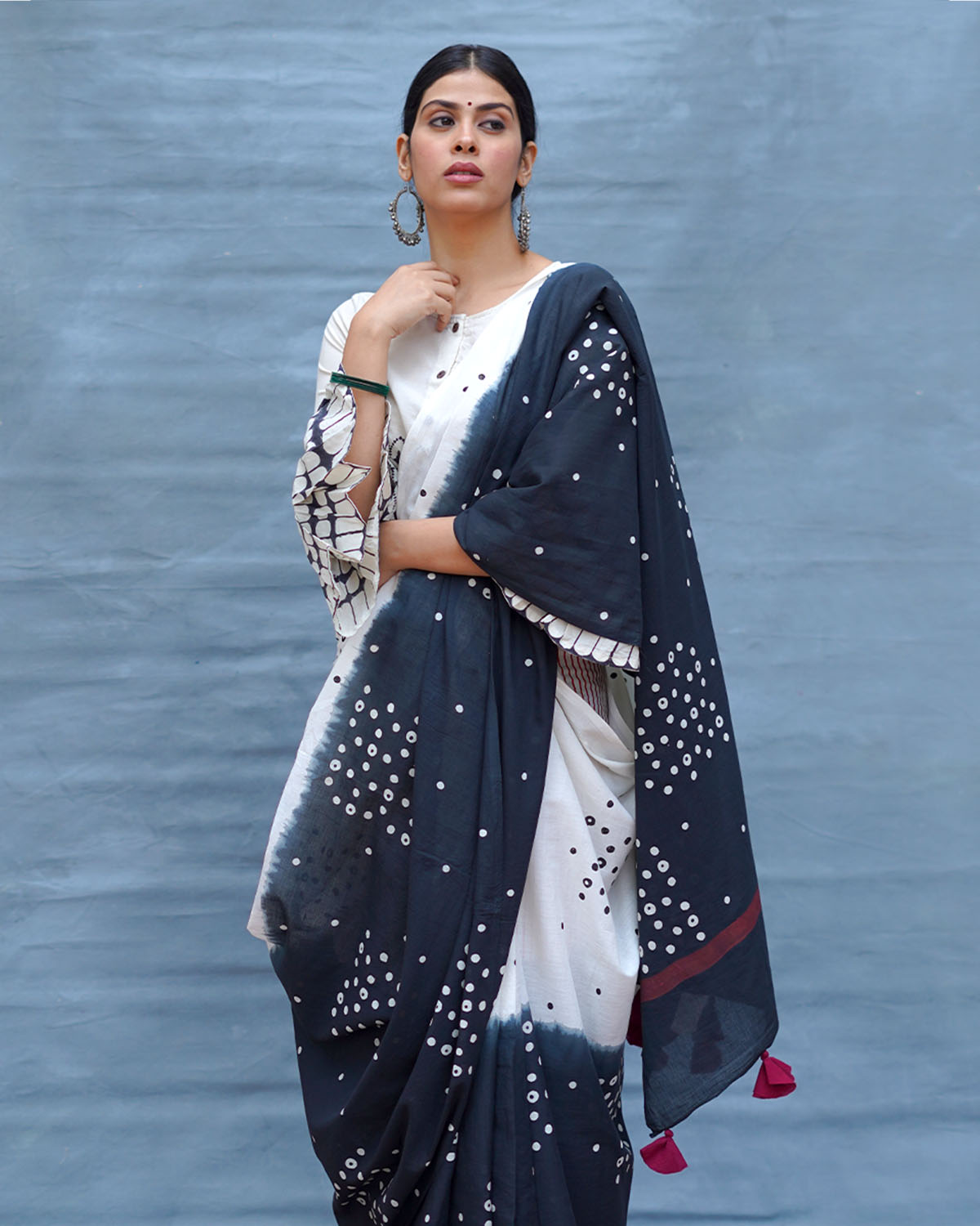 Colourblind Black & White Handblock Print Cotton Saree - M&M