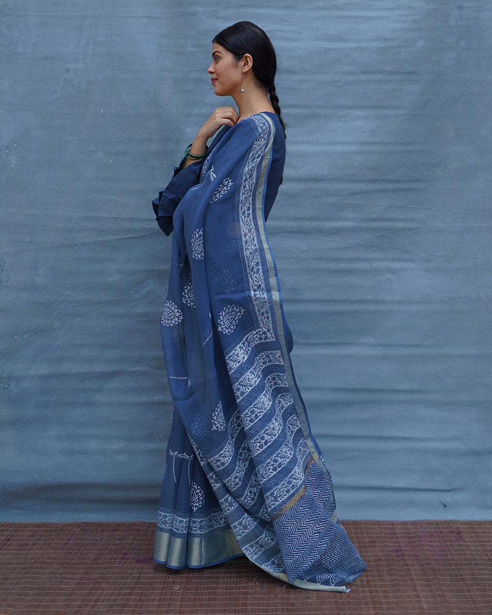 Indigo Shore Blue Block Printed Kota Doria Saree - INDI