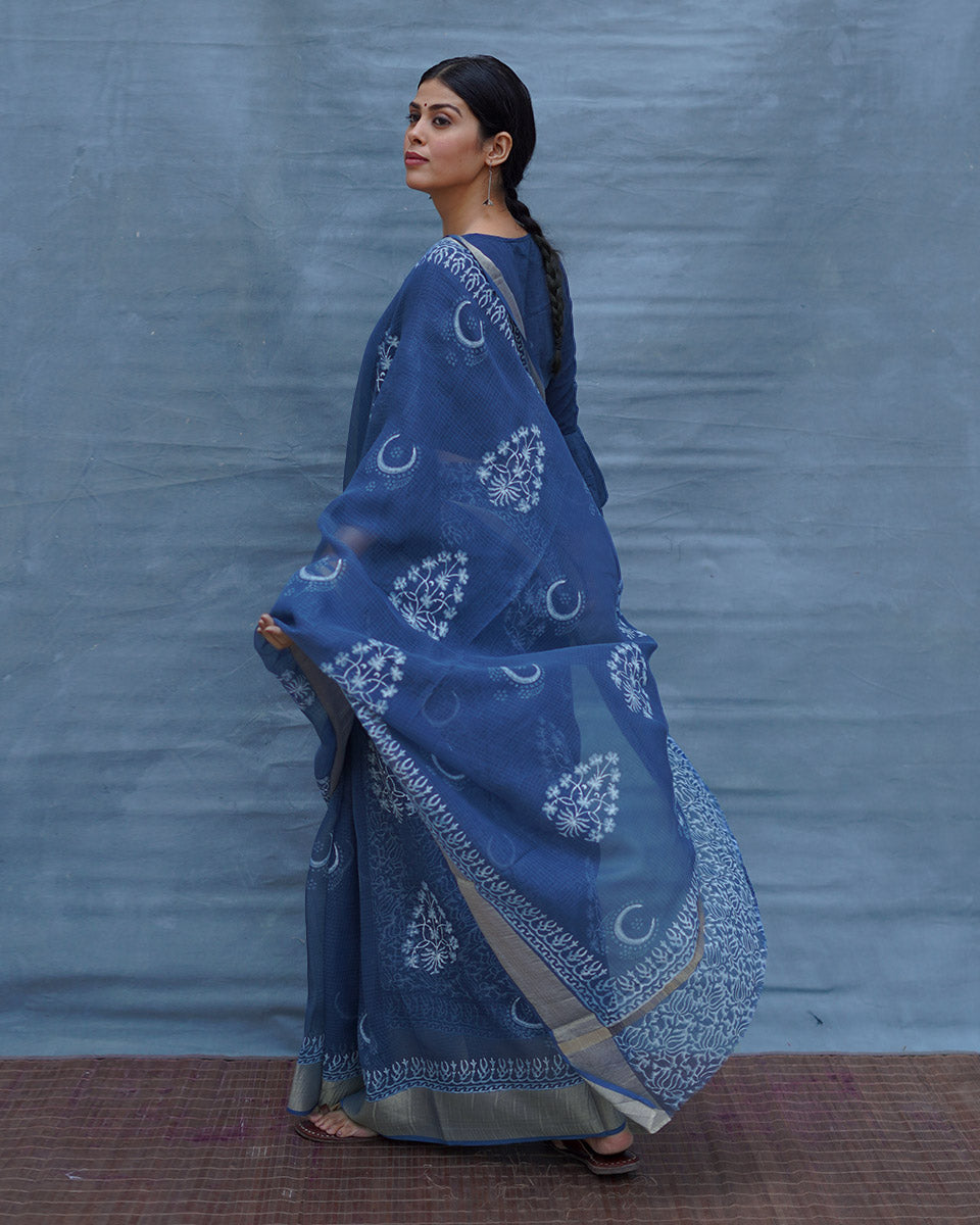 Moon water Blue Block Printed Kota Doria Saree - INDI
