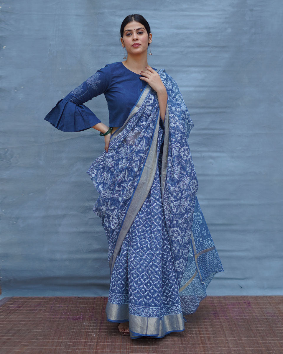 Waiting Sea Blue Block Printed Kota Doria Saree - INDI