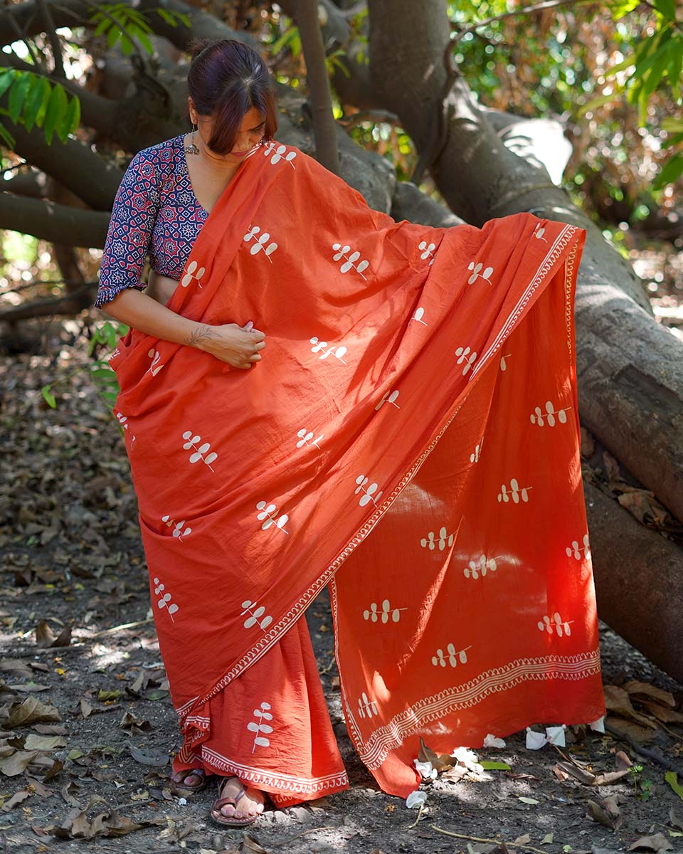 Sunlit Afternoons Orange Hand Block Printed Cotton Saree - UMT