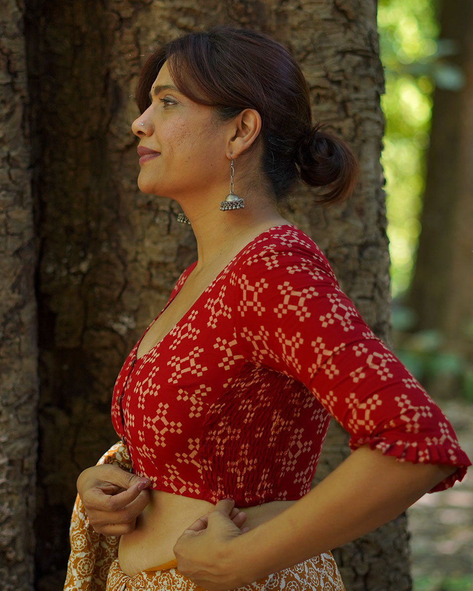Gulkand Candies Rust Red Hand Block Printed Cotton Blouse - UMT