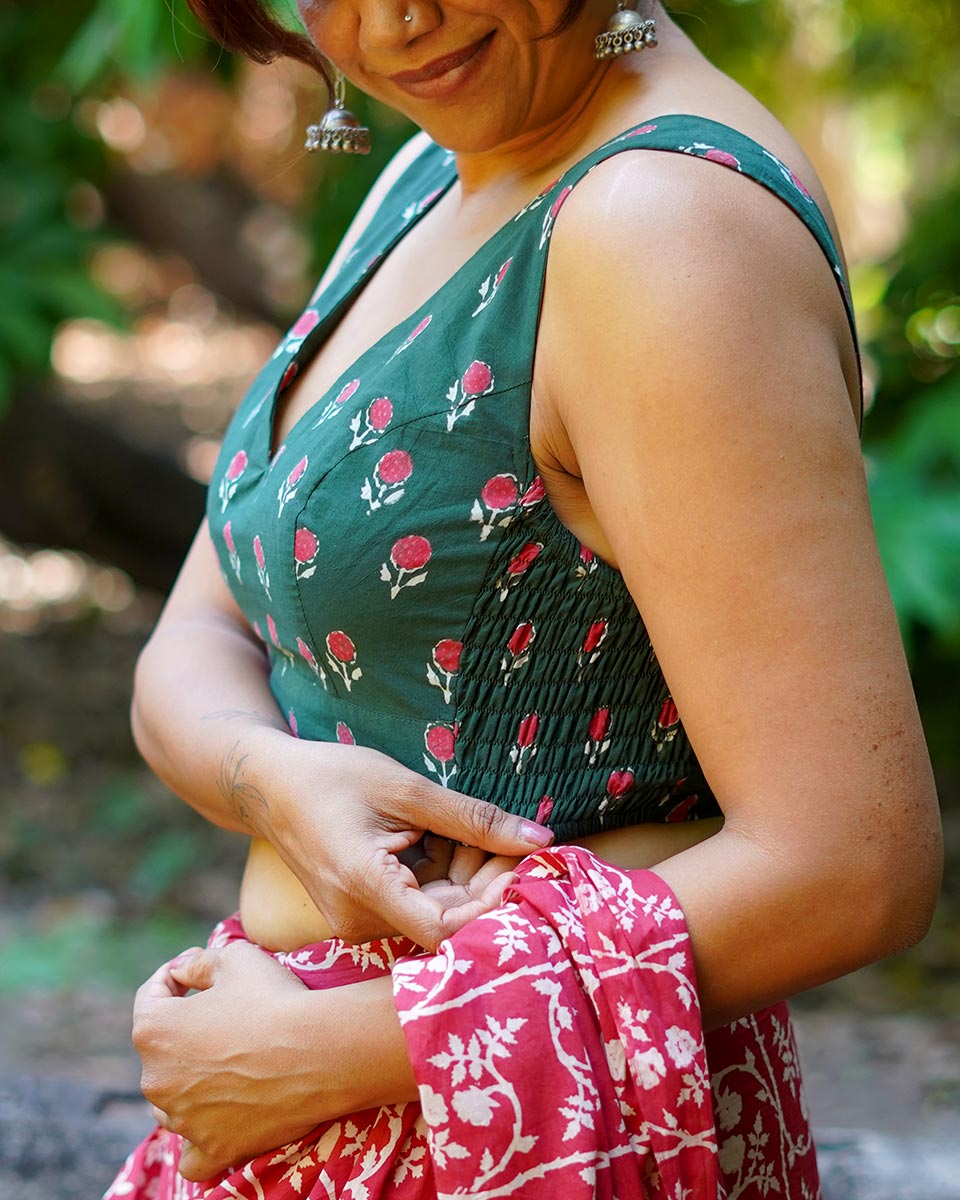 Watching kites fly Green Hand Block Printed Cotton Blouse - UMT