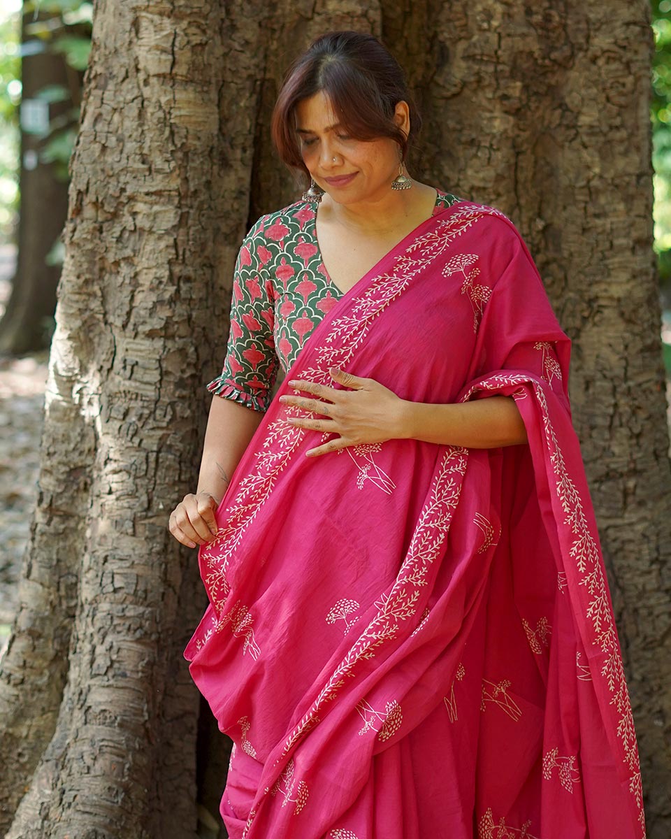 Lying on grass Pink Hand Block Printed Cotton Saree - UMT