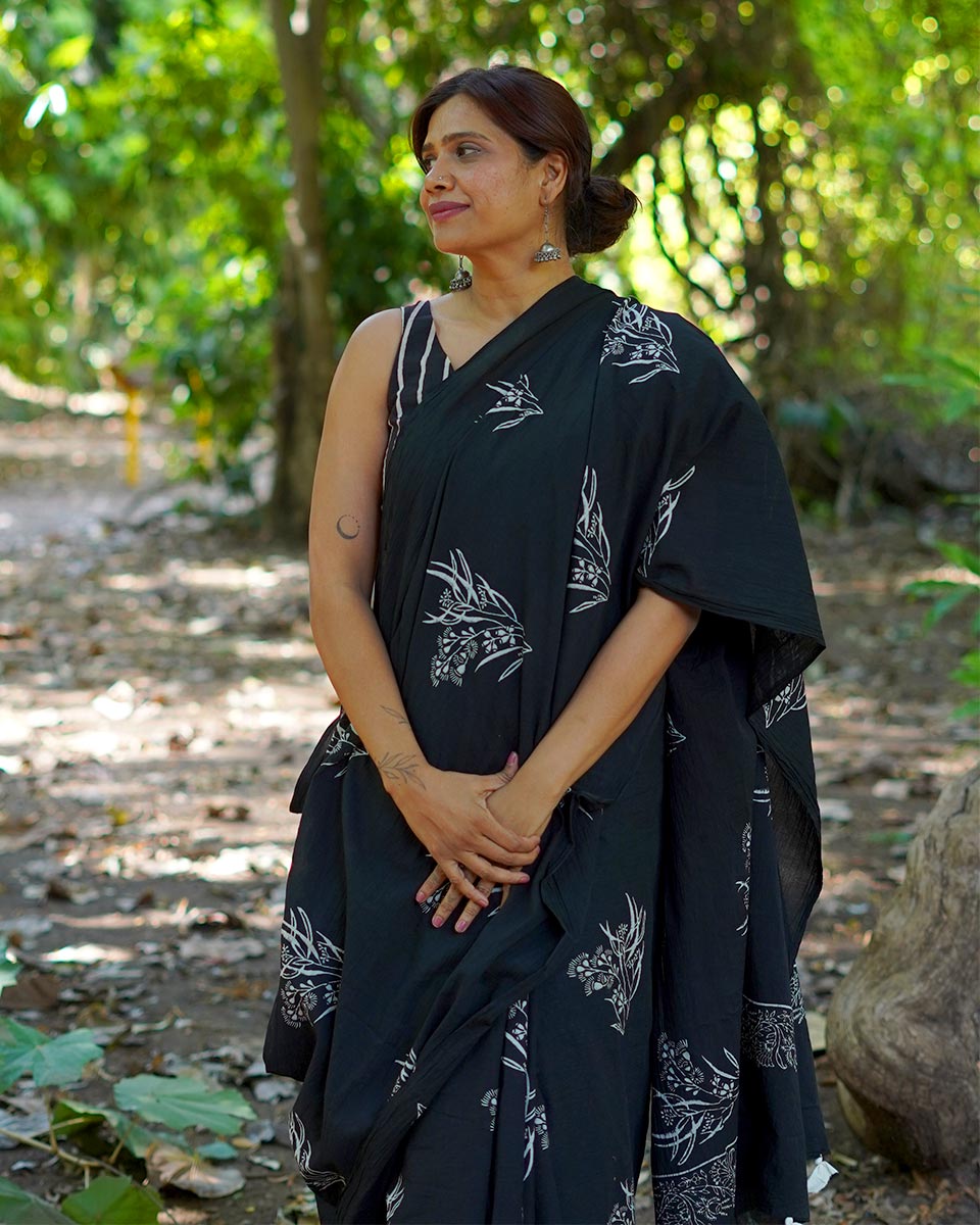 Afternoon Nap Black Hand Block Printed Cotton Saree - UMT