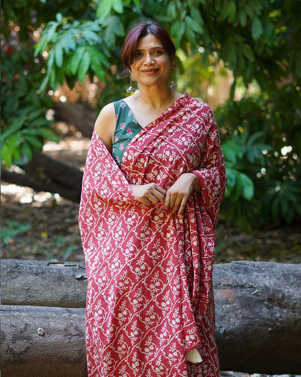 Summer At Nani’s Rust Red Hand Block Printed Cotton Saree - UMT
