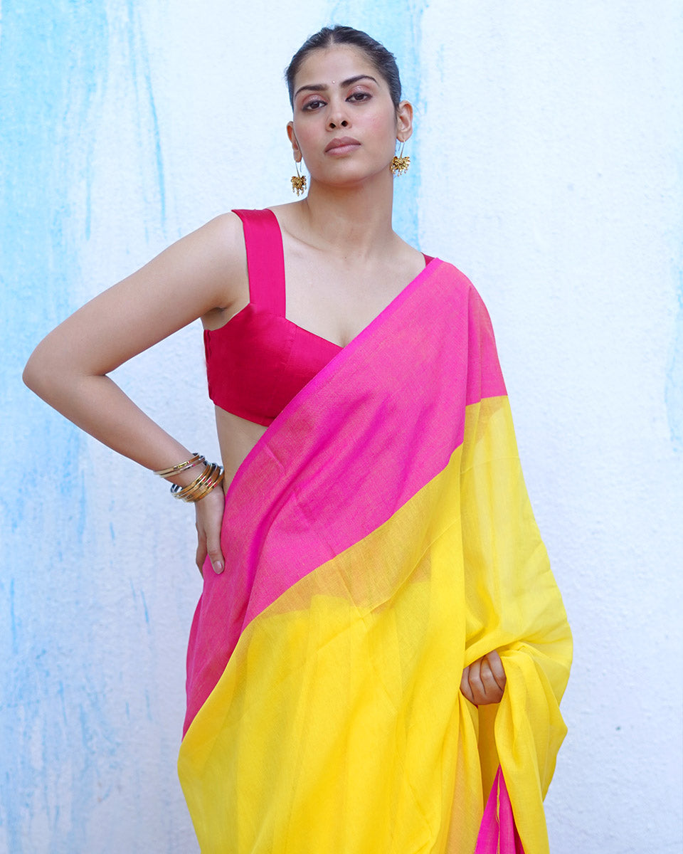 Athena Yellow With Pink Handwoven Cotton Saree - NTC