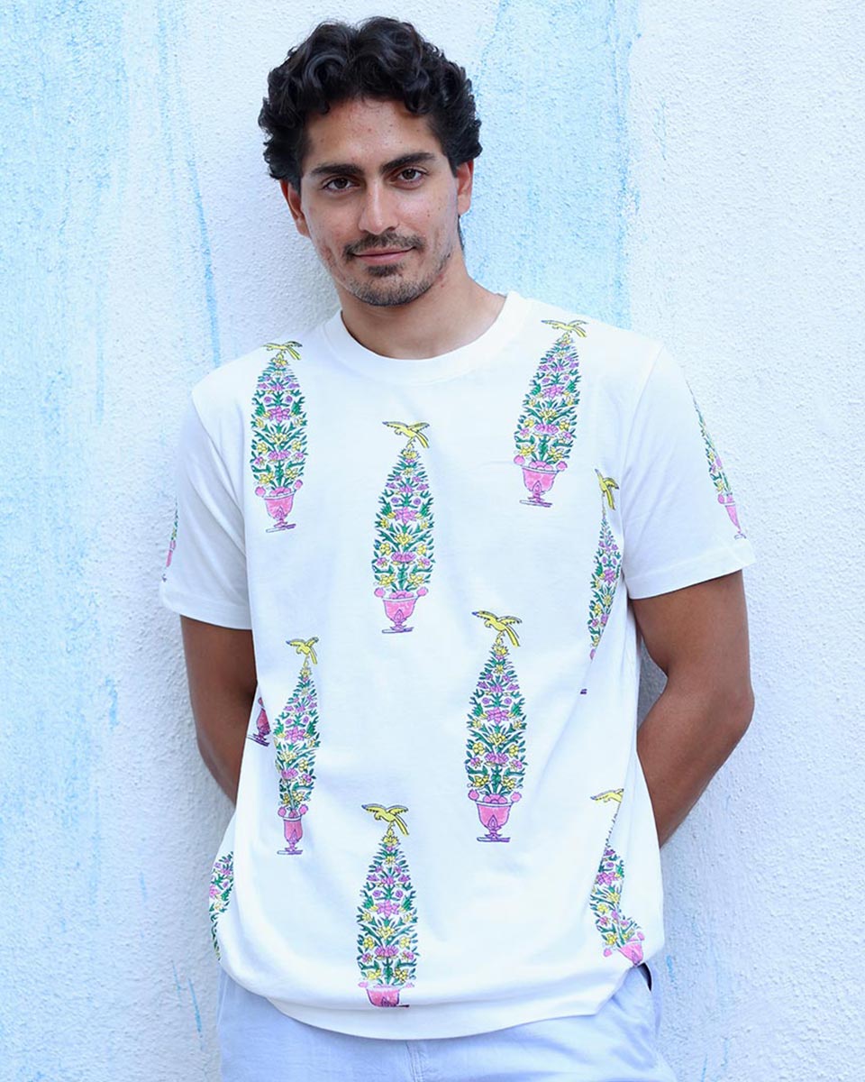 Humraaz White Hand Block Print Cotton T- Shirt - TOF
