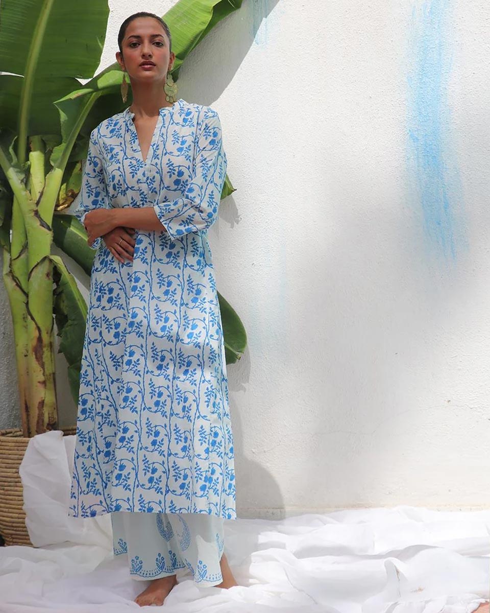 Rohini White With Blue Handblock Print Cotton Kurta - WITC