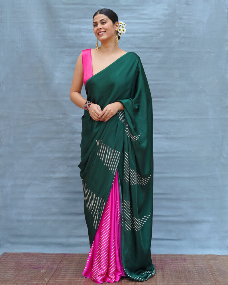 Easy Flow Green Handblock Print Modal Silk Saree - Flow