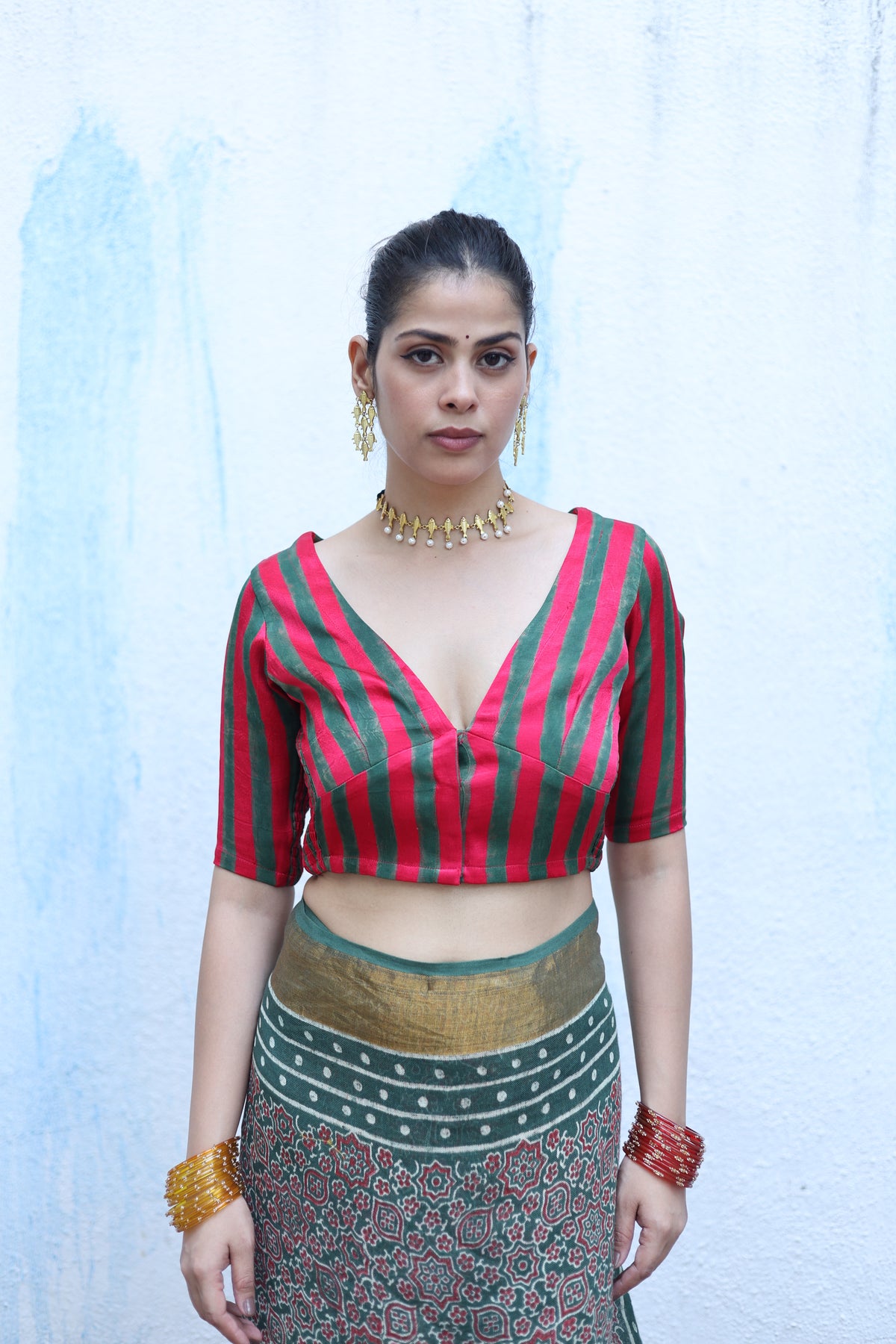 Tajalli Red With Green Handblock Print Mashru Silk Blouse - RSH