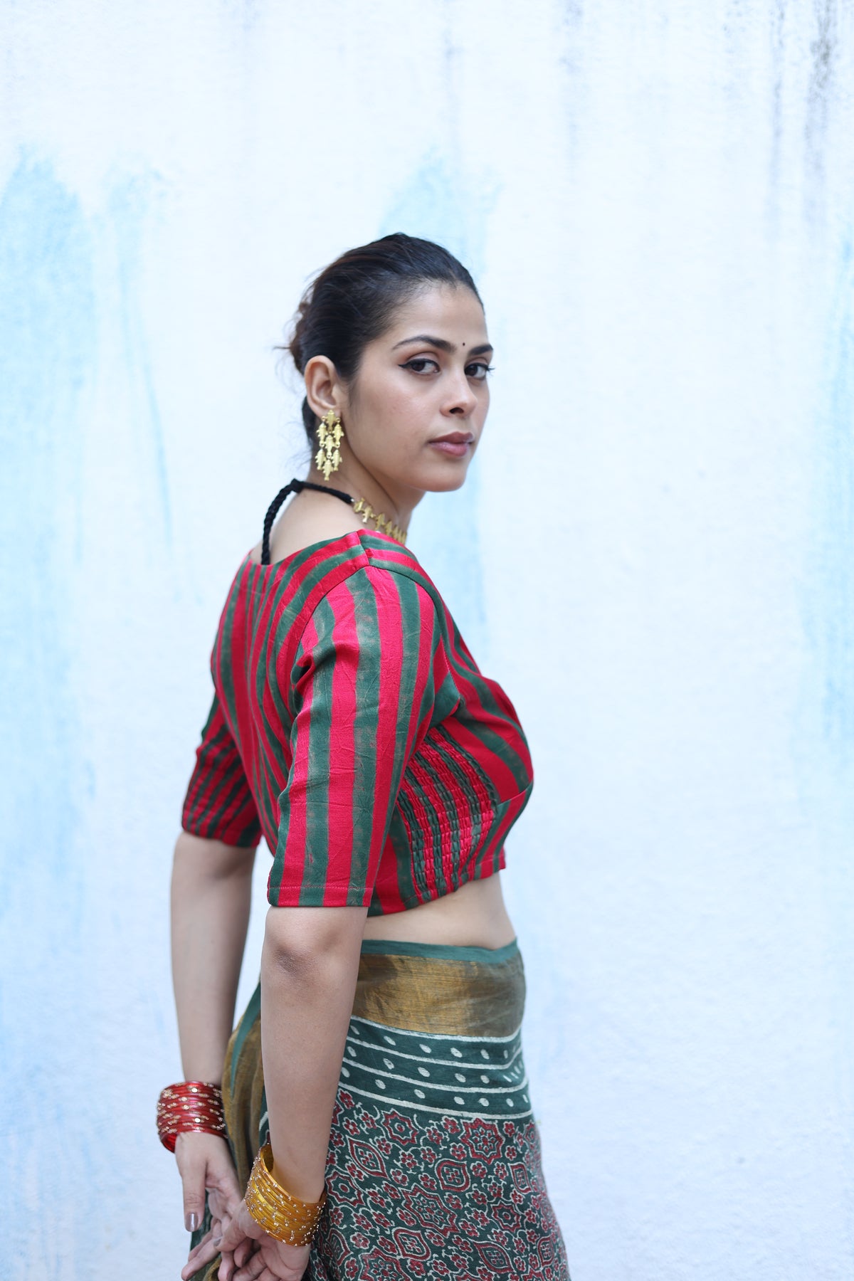 Tajalli Red With Green Handblock Print Mashru Silk Blouse - RSH