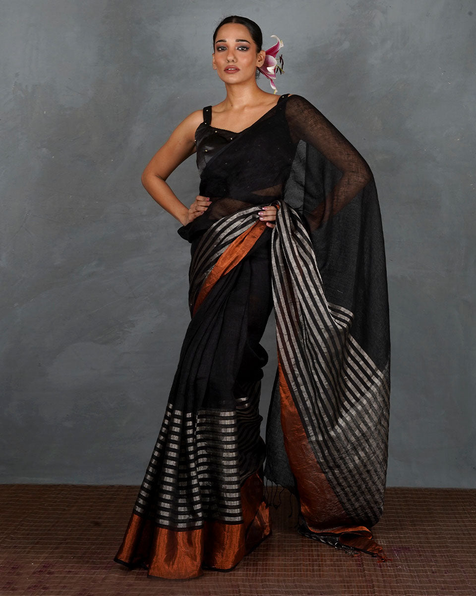Follow Dawn Black Handwoven Linen Saree - TARA