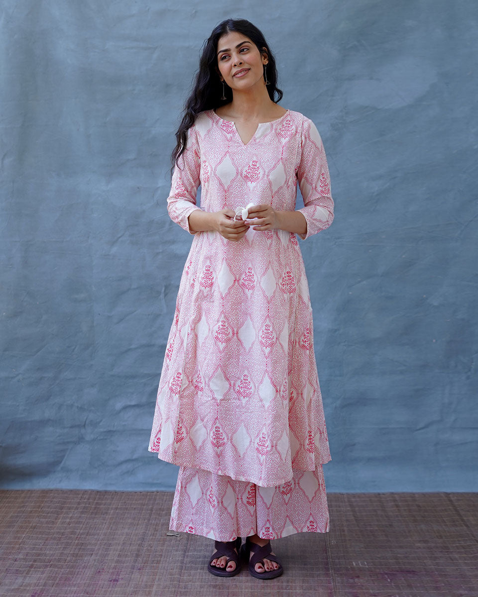 Sunflowerâ€™s Sheen Blush Pink Block printed Kurti - MMG