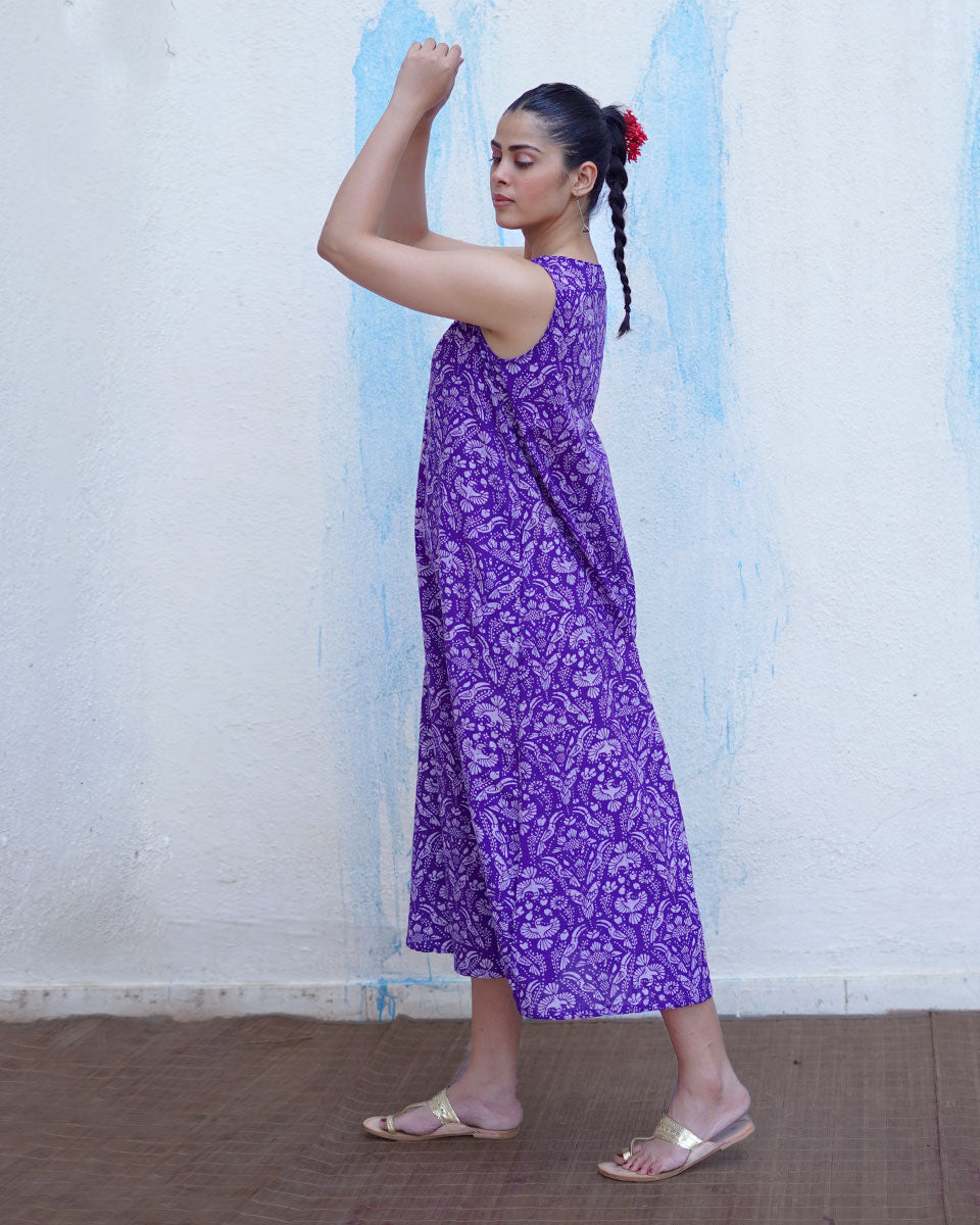 Tarang Purple Handblock Print Cotton Dress - BFG