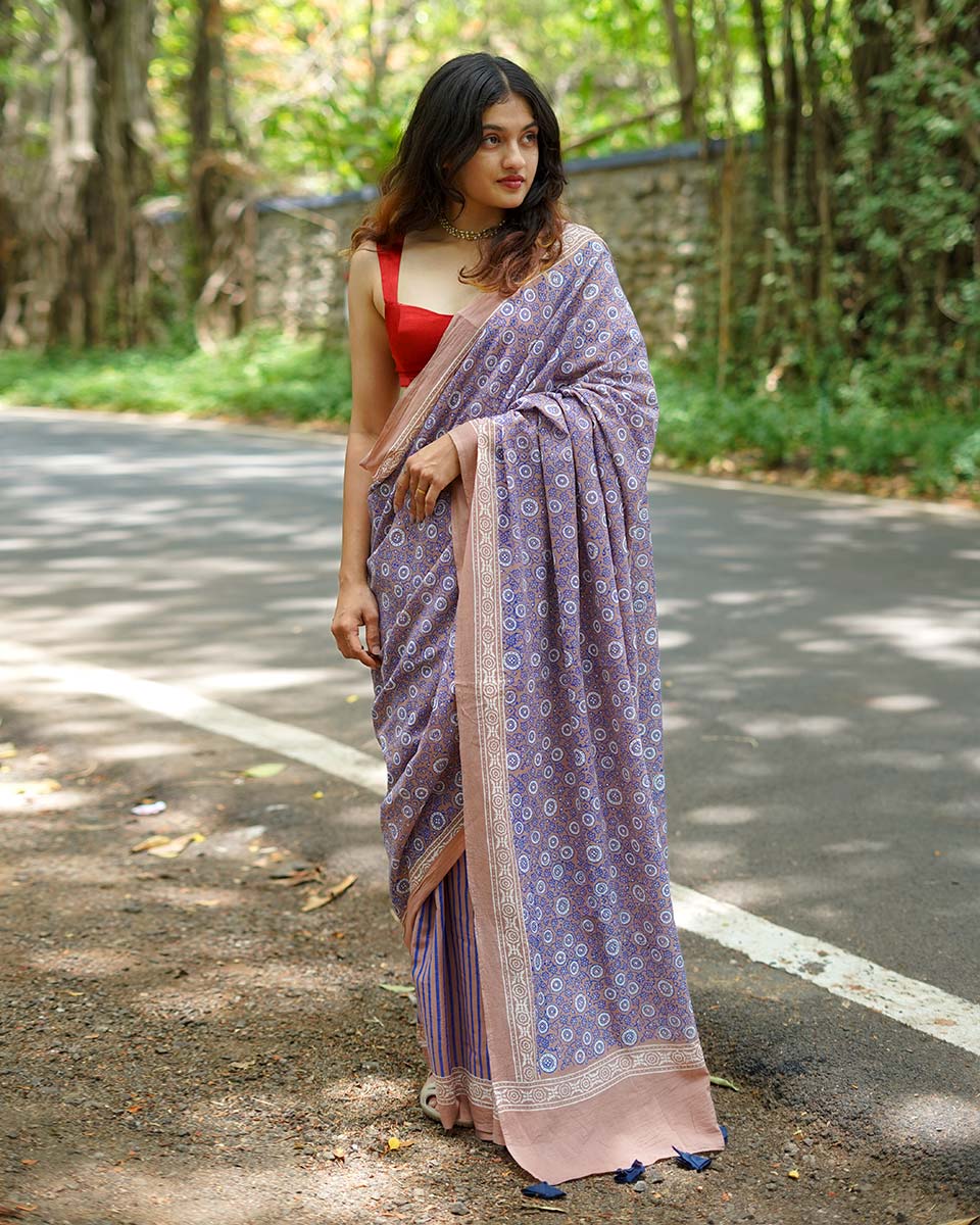 Lavendar Lolly Handblock Print Cotton Saree - PBC