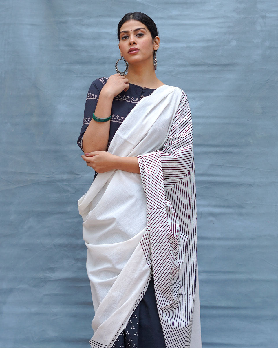B&W Muse Black & White Handblock Print Cotton Saree - M&M
