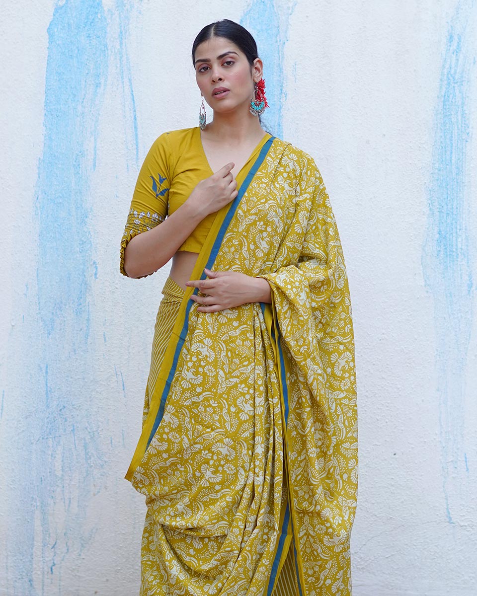 Pakhi Yellow Handblock Print Cotton Saree - BFG