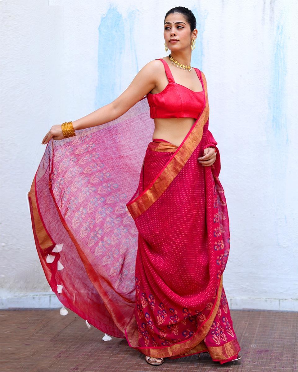 Mehr Pink Handblock Print Linen Saree - RSH