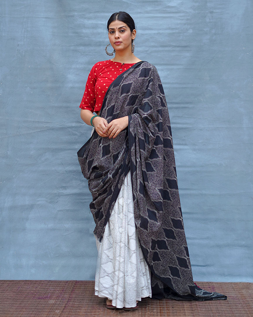 Black & White Tale Handblock Print Cotton Saree - M&M