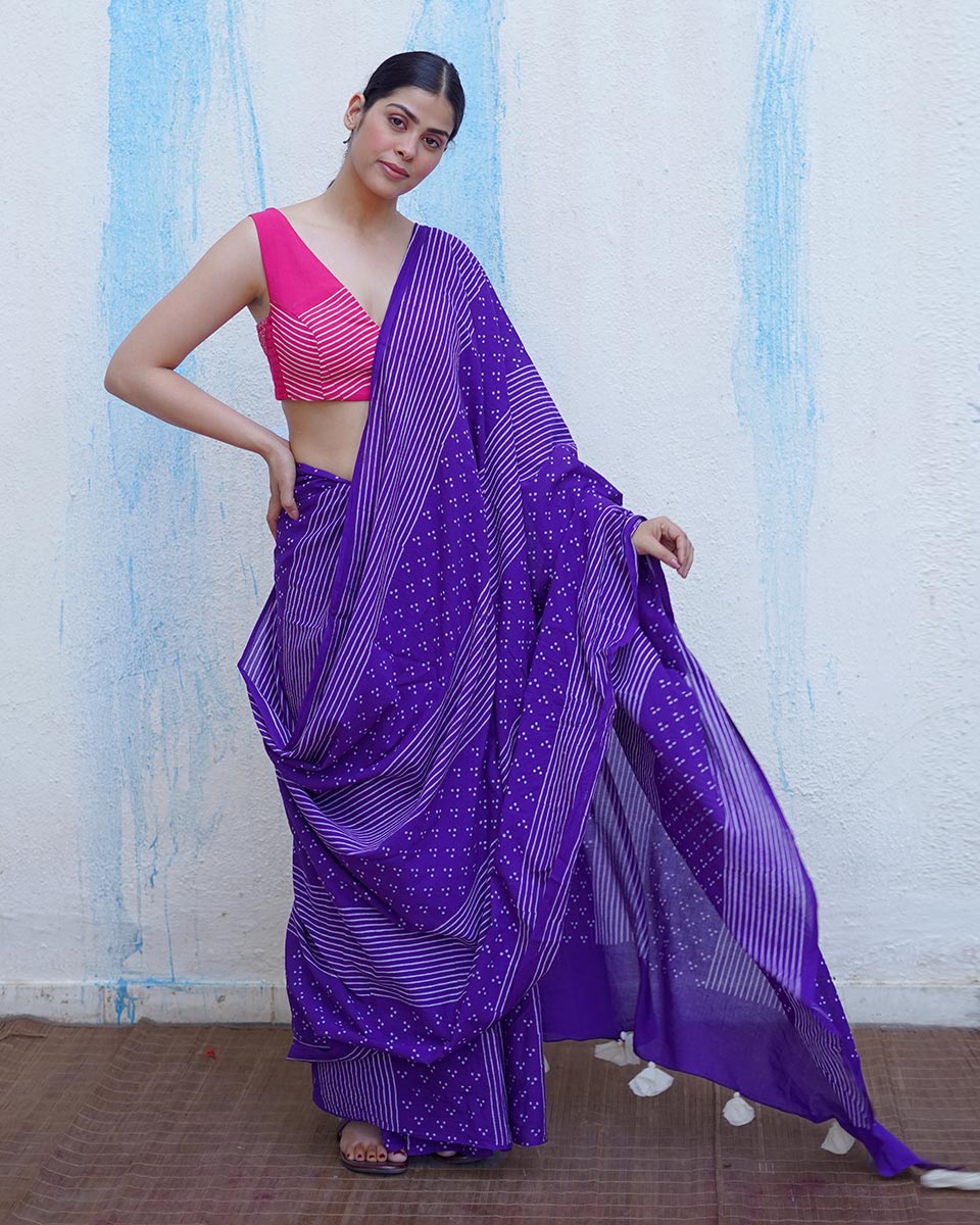 Chidiya Purple Handblock Print Cotton Saree - BFG