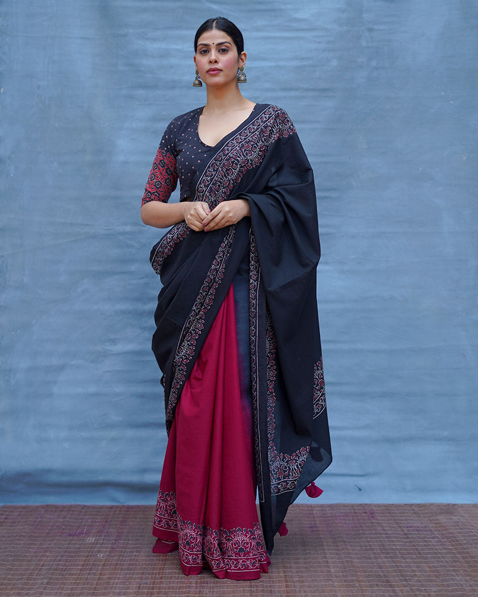 Binodini Black With Maroon Handblock Printed Cotton Saree - Soil