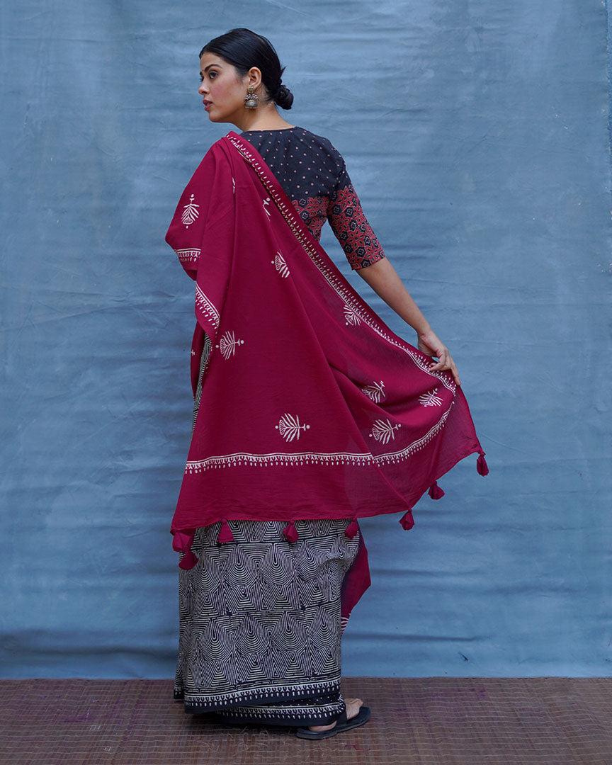 Charulata Maroon Handblock Printed Cotton Saree - Soil