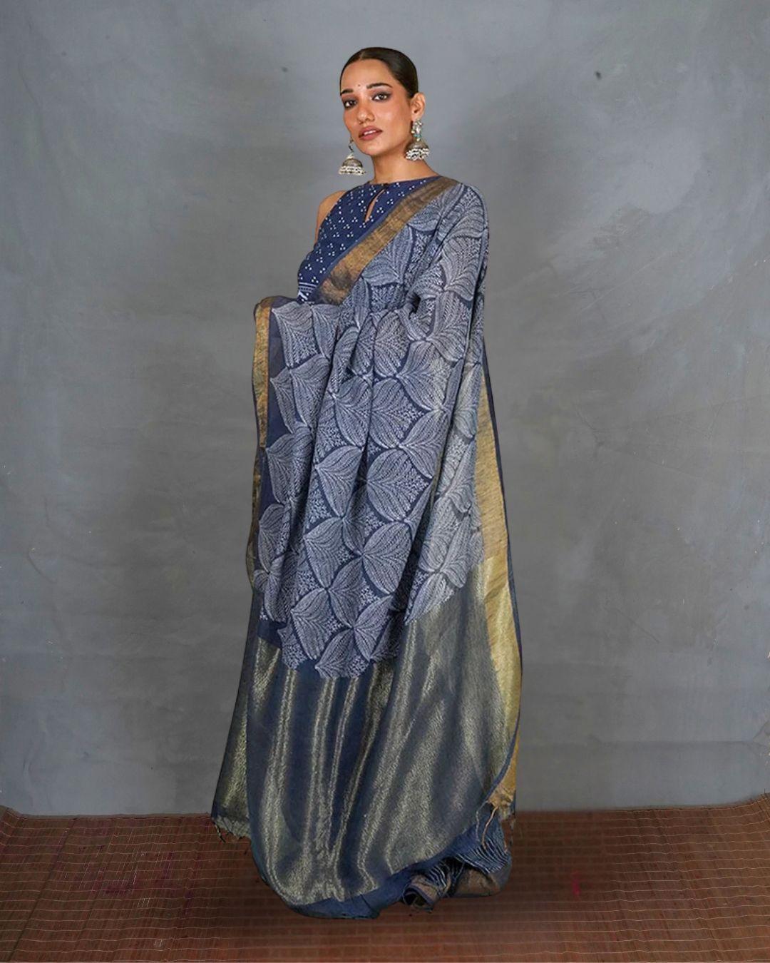 Malhari Blue Handblock Print Linen Saree - INDI