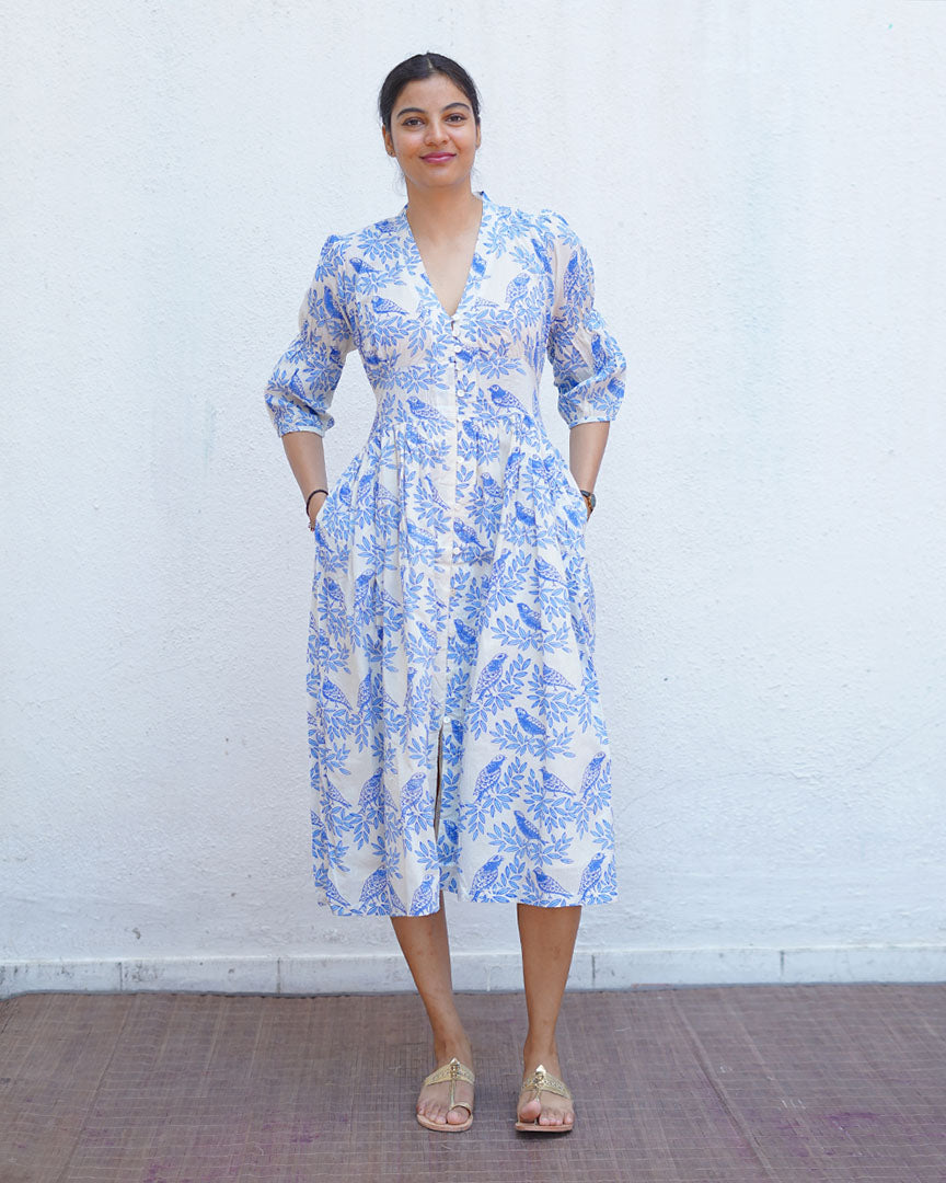Neyra Ivory Blue Hand Block Printed Dress-BAD