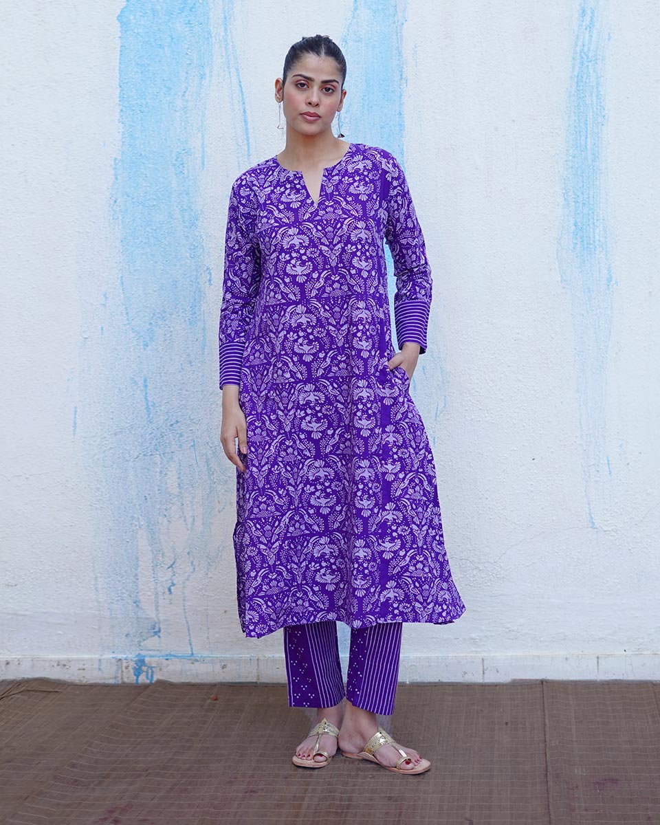Hawa Purple Handblock Print Cotton Kurta Set - BFG