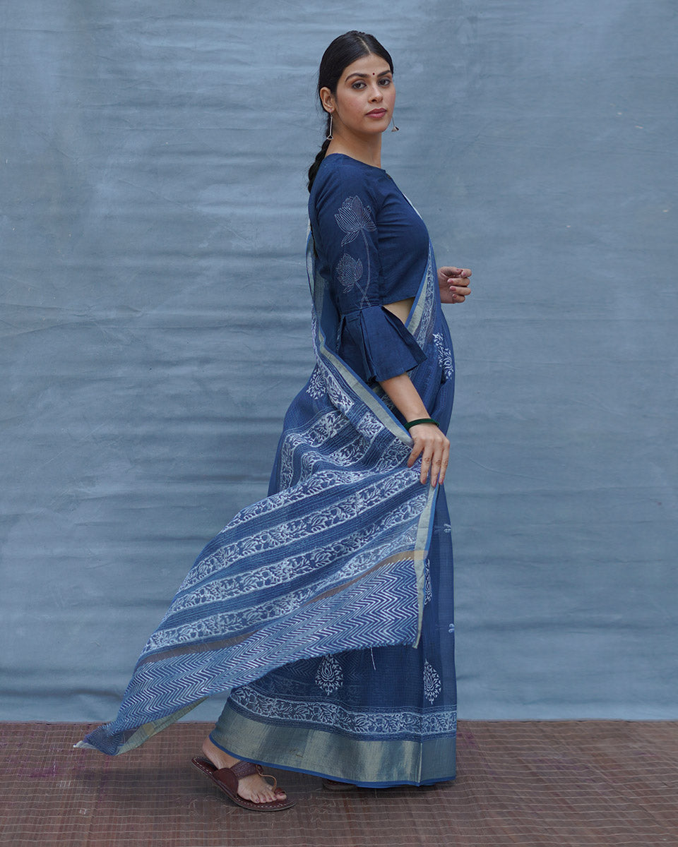 Indigo Shore Blue Block Printed Kota Doria Saree - INDI