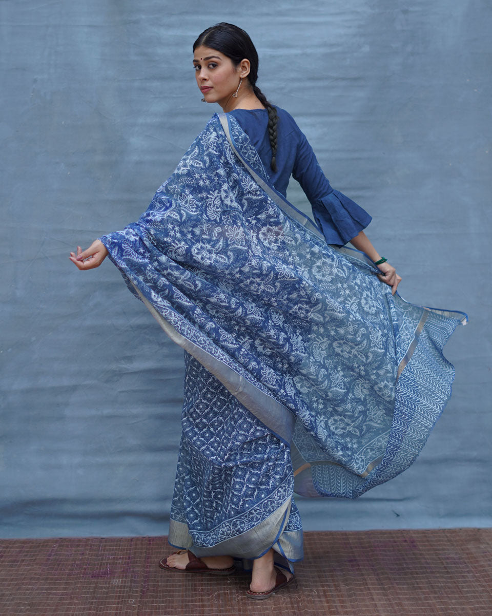 Waiting Sea Blue Block Printed Kota Doria Saree - INDI