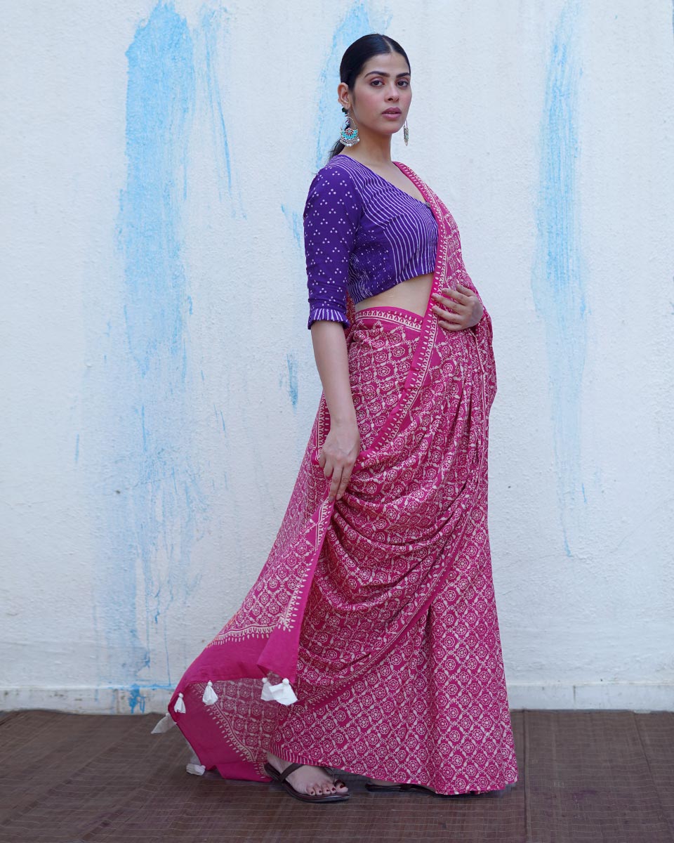 Phulpari Pink Handblock Print Cotton Saree - BFG