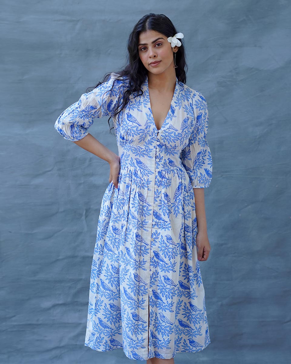 Neyra Ivory Blue Hand Block Printed Dress-BAD