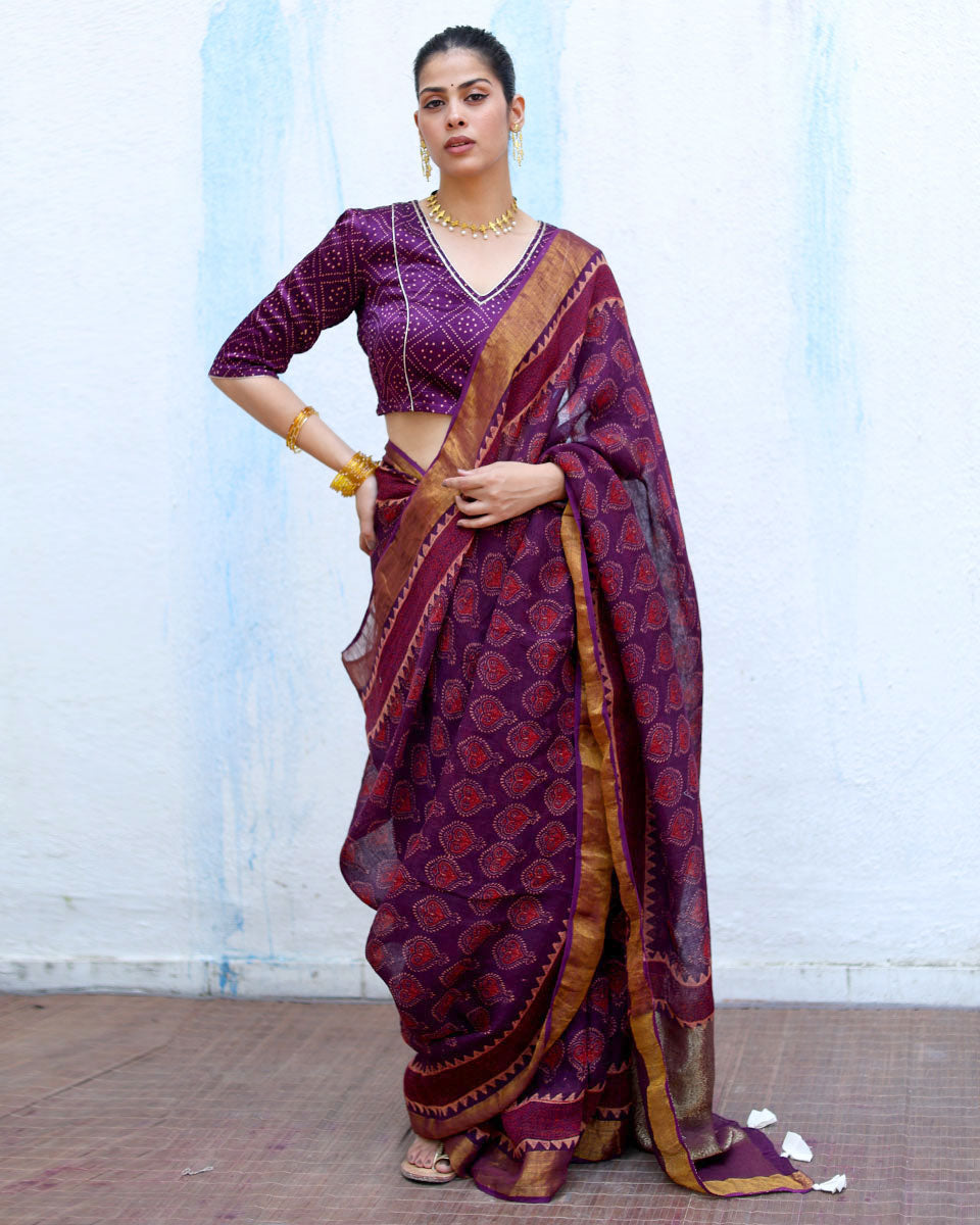 Sitara Purple Handblock Print Linen Saree - RSH