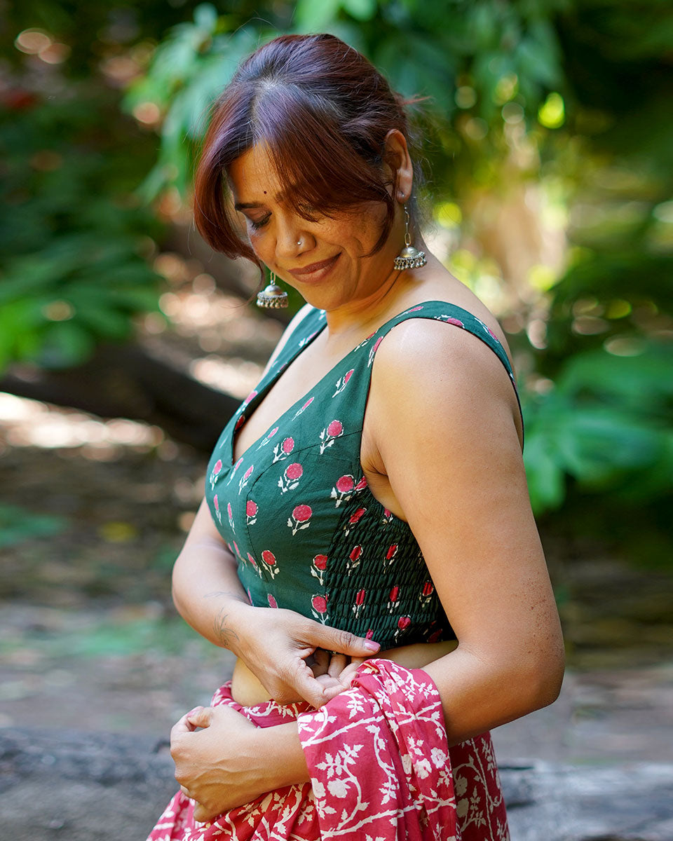 Watching kites fly Green Hand Block Printed Cotton Blouse - UMT