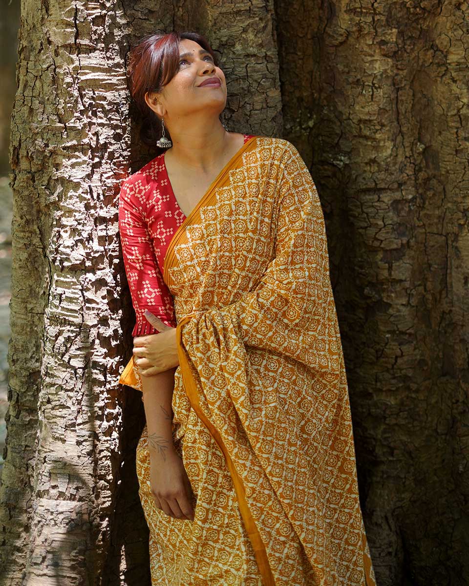 Under Open Skies Mustard Hand Block Printed Cotton Saree - UMT