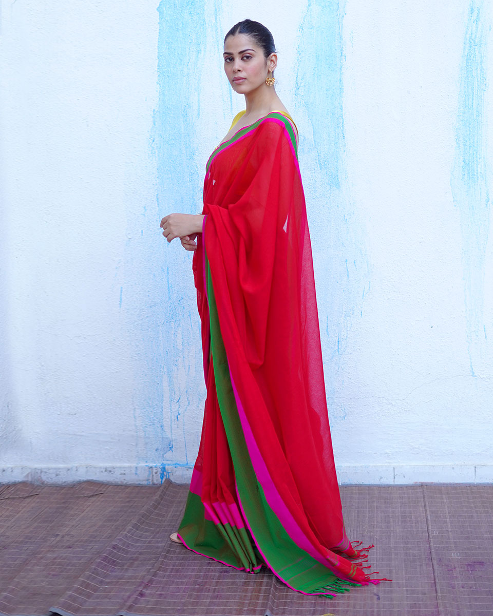 Eos Red With Green Handwoven Cotton Saree - NTC
