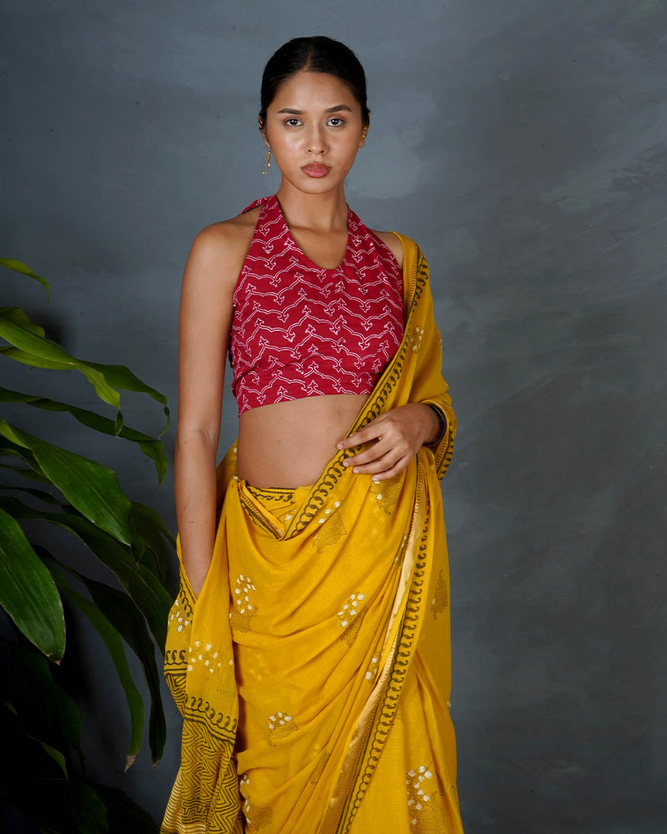 Mriga Yellow Hand Block Printed Saree-MYA