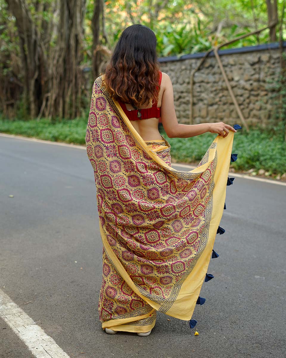 Chikoo Shake Mustard Yellow Handblock Print Cotton Saree - PBC